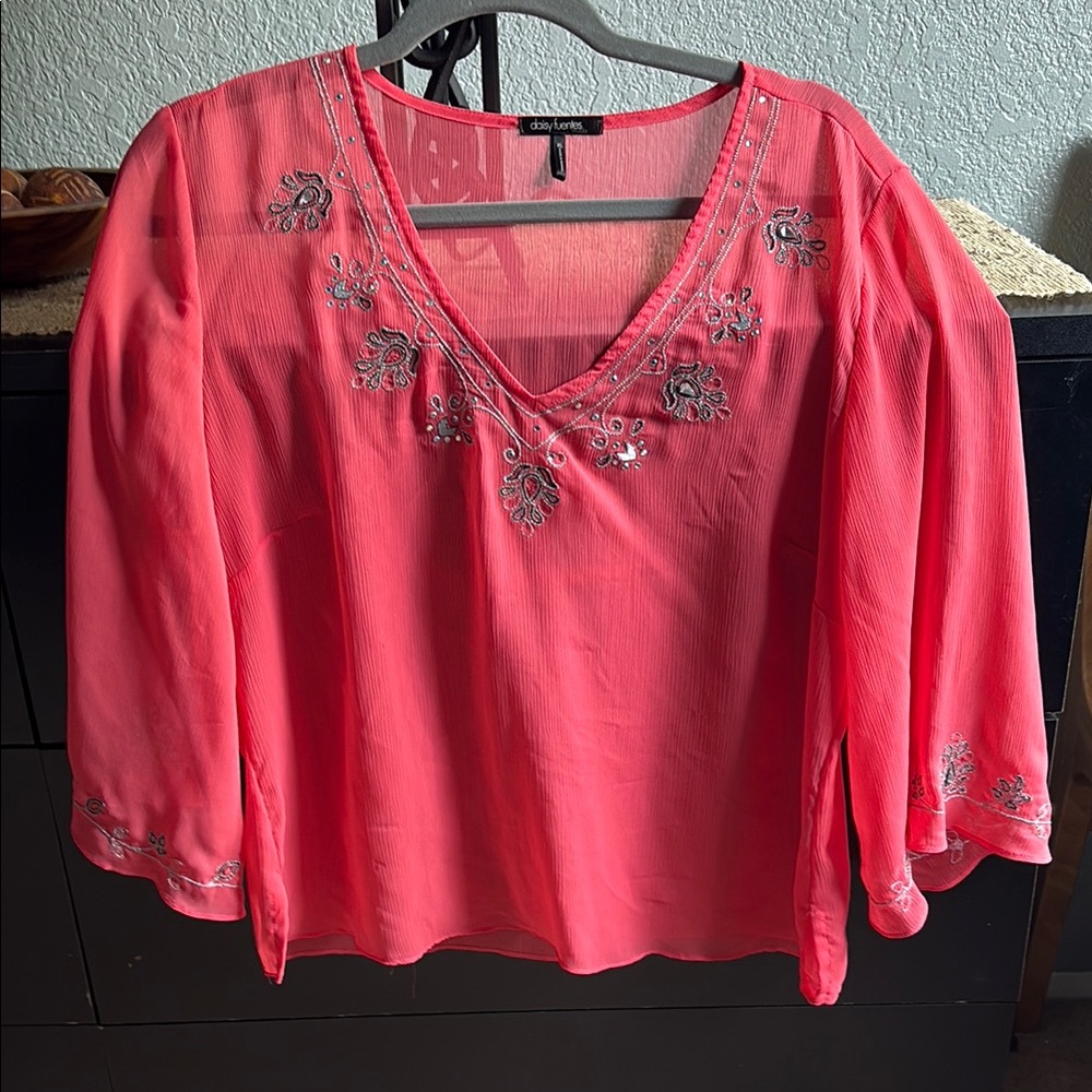 Daisy Fuentes Orange Embellished semi-sheer Blouse